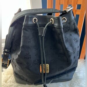 MCM Black Drawstring Shoulder/Crossbody Bucket Bag with Gold Hardware